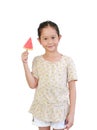 Asian little girl holding piece of sliced watermelon isolated on white background with clipping path Royalty Free Stock Photo