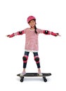 Asian little girl kid skateboarder with wearing safety and protective equipment stand on skateboard isolated on white background. Royalty Free Stock Photo