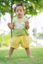 Asian little girl is standing on the lawn at the park, .Little girl learn to stand, baby girl with a birthmark, birthmark on his