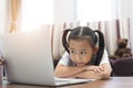 Asian little girl student learning virtual internet online