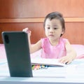 Asian little girl student online learning class study online video call zoom with mobile phone at home Royalty Free Stock Photo