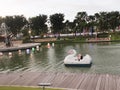 Asian little girls playing water cycle with swan shape in artificial lake in playground