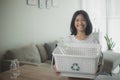 Asian Little Girls Separating Recycle Plastic Bottles to Trash Bin Royalty Free Stock Photo