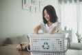 Asian Little Girls Separating Recycle Plastic Bottles to Trash Bin Royalty Free Stock Photo