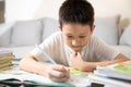 Asian little kid boy concentrating on studying,writing and reading a book,serious focused student doing homework on desk at home, Royalty Free Stock Photo