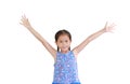 Asian little kid girl with pigtail hair standing and open wide arms with looking camera isolated on white background