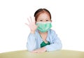 Asian little kid girl wearing protective mask with showing five fingers isolated on white background Royalty Free Stock Photo