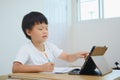 Asian little kindergarten kid using tablet computer, studying homework during online lesson at home Royalty Free Stock Photo