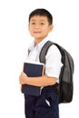 Asian Little School Boy Holding Books with Backpack on White Background Royalty Free Stock Photo