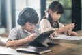 Asian little young children self learning at home. The boy using tablet and headphones for E-learning at home. The girl doing home