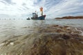 The asian local fishermen boat on the seaside in Mui Ne village, Vietnam