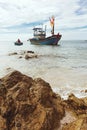 The asian local fishermen boat on the seaside in Mui Ne village, Vietnam