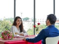 The asian lover man gave ring proposing to marry to his woman from red box Royalty Free Stock Photo