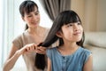 Asian loving mother spend leisure time with young little girl daughter in living room in house. Caring mom combing small child`s h