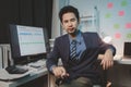 Asian male businessman working in the room. Startup company employees are working in the office at night, overtime, busy work, Royalty Free Stock Photo