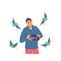 Asian male character stand with empty wallet in his hands, winged dollar signs around him, flat vector illustration.