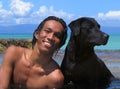 Asian male with dog on beach, close-up.