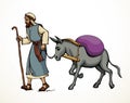 Vector drawing. Donkey loaded with cargo