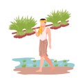 Asian Male Farmer Carrying Agricultural Crops Vector Illustration