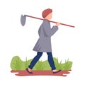 Asian Male Farmer Carrying Hoe or Picker for Cultivating Soil Vector Illustration