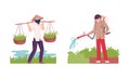 Asian Male Farmer Cultivating Agricultural Crop Vector Illustration Set Royalty Free Stock Photo