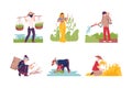 Asian Male and Female Farmer Cultivating Agricultural Crop Vector Illustration Set Royalty Free Stock Photo