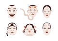 Asian male and female noh masks set. Japan theater heads with different emotions. Oriental ayakashi, okame, okina