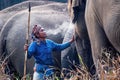 Asian male Mahout holding spear weapon for controlling elephants. Elephant trainer or Mahout for control order wild elephant in