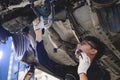 Asian male mechanical hold and shining flashlight to examine car under chassis of automotive vehicle. Safety suspension inspection