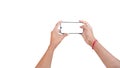 asian male taking photo in smart phone white screen mockup Royalty Free Stock Photo