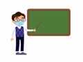 Asian male teacher with protective masks on his face standing near blackboard flat vector illustration.