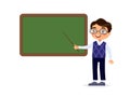 Asian male teacher standing near blackboard flat  illustration. Royalty Free Stock Photo