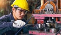 Asian male worker In industries that wear glasses, safety hats and safety uniforms Wrench tool holder stand