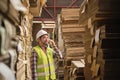 Asian male worker, supervisor talks with mobile phone at paper factory