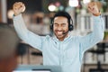 Asian man, call center and celebration for winning, bonus or discount sale on laptop in telemarketing at office. Happy Royalty Free Stock Photo