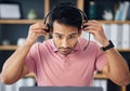 Asian man, call center and headset on laptop ready for consulting, customer service or support at office desk. Serious Royalty Free Stock Photo