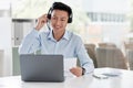 Asian man, call center and laptop with document in customer service, telemarketing or support at office. Happy male Royalty Free Stock Photo