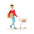 Asian Man With Cart And Carton Box Shopping In Department Store ,Cartoon Character Buying Things In The Shop