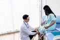 Asian man doctor used two hands to hold the patient`s knees To check for bone injuries Royalty Free Stock Photo