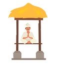 Asian man doing meditation on ethnic traditional gazebo, vector illustration