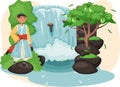 Asian man dressed in national clothes standing next to waterfall in mountaine landscape with water