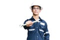 Asian man,Engineer or Technician in white helmet, glasses and bl Royalty Free Stock Photo