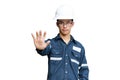 Asian man,Engineer or Technician in white helmet, glasses and bl Royalty Free Stock Photo