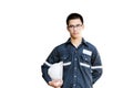 Asian man,Engineer or Technician in white helmet, glasses and bl Royalty Free Stock Photo