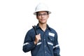 Asian man,Engineer or Technician in white helmet, glasses and bl Royalty Free Stock Photo