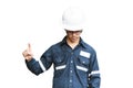 Asian man,Engineer or Technician in white helmet, glasses and bl Royalty Free Stock Photo