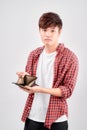 Asian man feel sad with wallet in hand on white isolated background Royalty Free Stock Photo