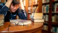 Asian man feeling stressed reading book in library Royalty Free Stock Photo