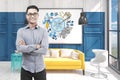 Asian man in glasses, office and blue target