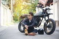 Asian man motorbike in black leather jacket travel rider trip. Handsome Men wear sunglass outdoor lifestyle freedom rider. Men